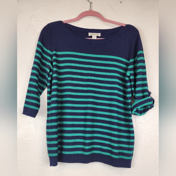 Coldwater Creek Black Striped Boat Neck Sweater - Size Small- 3/4 Length Sleeves - Picture 1 of 6